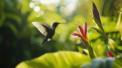 Wall Mural -   A hummingbird hovers above a flower in a tropical setting as sunlight filters through the leaves of the plant