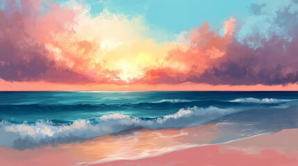 Poster - Vibrant sunset over tranquil ocean waves on a sandy beach showcasing breathtaking clouds and colorful sky reflections