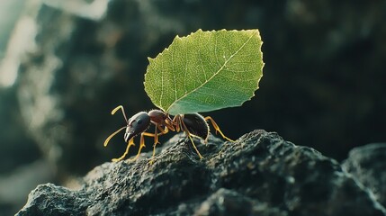 Wall Mural -   A pair of ants resting atop a mound of dirt adjacent to a lush green foliage perched atop a boulder