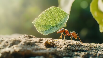 Wall Mural -   A green leaf in close-up with a red ant on dirt