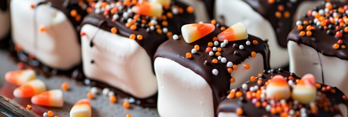 Poster - Close-up of chocolate-dipped marshmallows adorned with candy corn and colorful sprinkles.