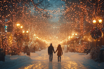 Poster - A couple ice skating hand in hand under a canopy of twinkling Christmas lights. Concept of festive activities and romantic holiday moments.