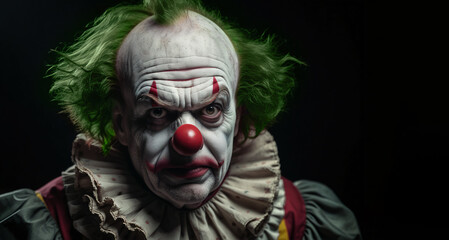 Portrait of a creepy scary clown with disturbing expression and green hair against black background with copy space