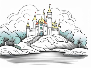 Wall Mural - Castle on a hill, next to a dense forest in which, coloring style, white background