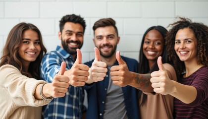 Diverse group of young adults smiling and giving thumbs up in front of a white brick wall.