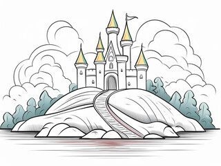 Wall Mural - Castle on a hill, next to a dense forest in which, coloring style, white background