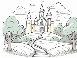 Wall Mural - Castle on a hill, next to a dense forest in which, coloring style, white background