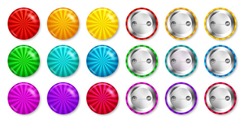 Realistic colorful funky badges. Sunburst effect. Glossy 3D round button. Pin badge, brooch mockup for product promotion and advertising. Vector illustration