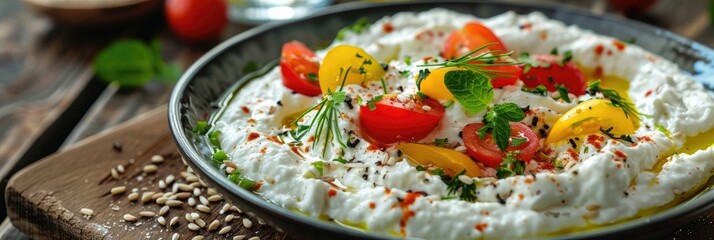 Canvas Print - Close-up of traditional labneh cheese accompanied by mixed vegetables and fennel flower seeds, showcasing authentic Lebanese cuisine with yogurt and a medley of ingredients.