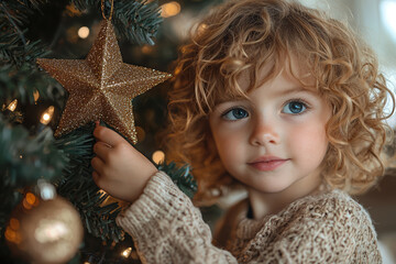 Wall Mural - A child placing a star on top of the Christmas tree, with a look of joy and excitement. Concept of decorating for the holidays and childhood wonder.