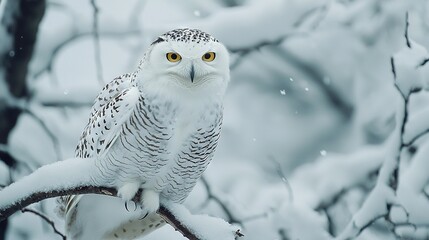 Wall Mural -   A snow-covered owl perched atop a tree limb with surrounding branches