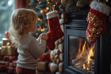 Poster - A child hanging a stocking by the fireplace, eager for Santa's arrival. Concept of holiday traditions and childhood excitement.