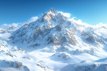 Wall Mural - Majestic mountain peaks covered in snow, standing tall against a clear blue sky. Concept of Earth's diverse terrains.