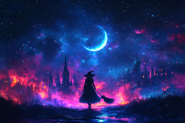 Wall Mural - a witch flying on a broomstick across a starry sky, with a crescent moon in the background. concept 