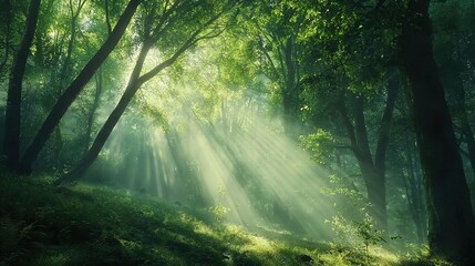 Wall Mural -   A lush forest brimming with towering green trees and beams of sunlight filtering down through their canopies