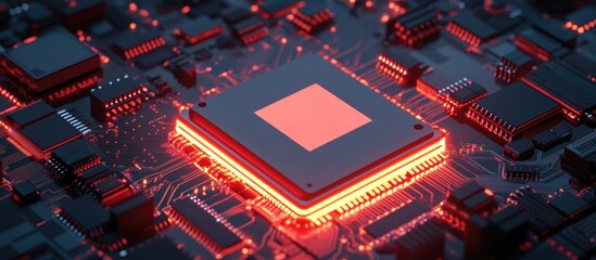 Wall Mural - 3d illustration of a processor chip on a printed circuit board illuminated by red backlight represen