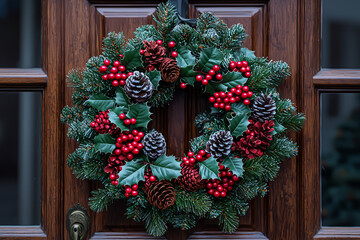 Wall Mural - A traditional Christmas wreath made of pine, holly, and red berries, hanging on a front door. Concept of holiday welcome and festive decor.