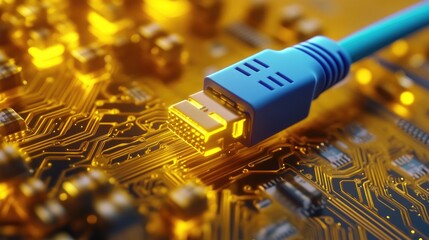 yellow optical cable featuring a blue patch cord connector alongside a gold plated circuit board