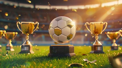 trophy around soccer ball on a the grass in a crowded stadium