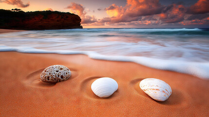   Two seashells rest on golden sands, near crashing waves A rocky outcropping stands in the background