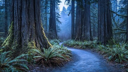 Wall Mural -   In a forest, a path flanked by ferns on both sides is enclosed by towering trees