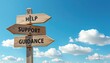 © umut hasanoglu - Wooden signpost with help, support, and guidance against a bright blue sky with scattered clouds.