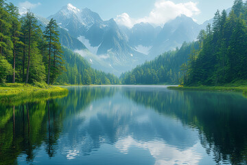 Poster - A serene lake reflecting surrounding mountains and forests, embodying tranquility. Concept of Earth's natural beauty and reflection.