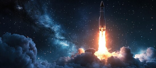 Modern rocket launches into a starry night sky emitting smoke and blast A representation of travel and exploration in space allowing for creative ideas and empty space for text and design