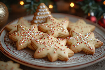 Sticker - A plate of Christmas cookies shaped like stars, trees, and snowflakes, decorated with icing and sprinkles. Concept of holiday baking and festive treats.