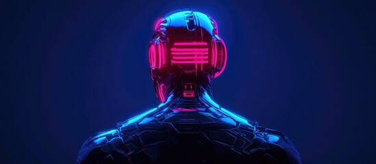 Wall Mural - 3d illustration of a neon cyborg viewed from the back