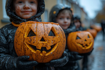 Wall Mural - A group of children dressed in spooky costumes, holding pumpkin-shaped candy buckets. Concept of trick-or-treating on Halloween night.