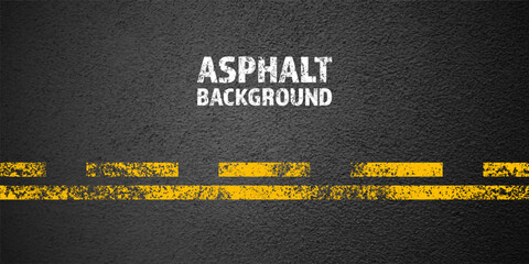 Asphalt road with yellow cracked lane marking, concrete highway surface, texture. Street traffic line, road dividing strip. Pattern with grainy structure, grunge stone background. Vector illustration