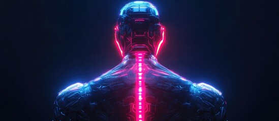 Wall Mural - 3d illustration of a neon cyborg viewed from the back