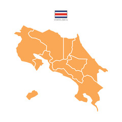 Wall Mural - Colored (orange) silhouette map of costa rica with the outline of regions. Vector illustration with a flag.