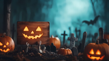 Halloween Card Party - Pumpkins And Zombies In Graveyard With Wooden Board 