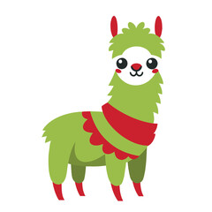 Wall Mural - A charming illustration of a kawaii llama with a green body, red trim, and cute facial features.