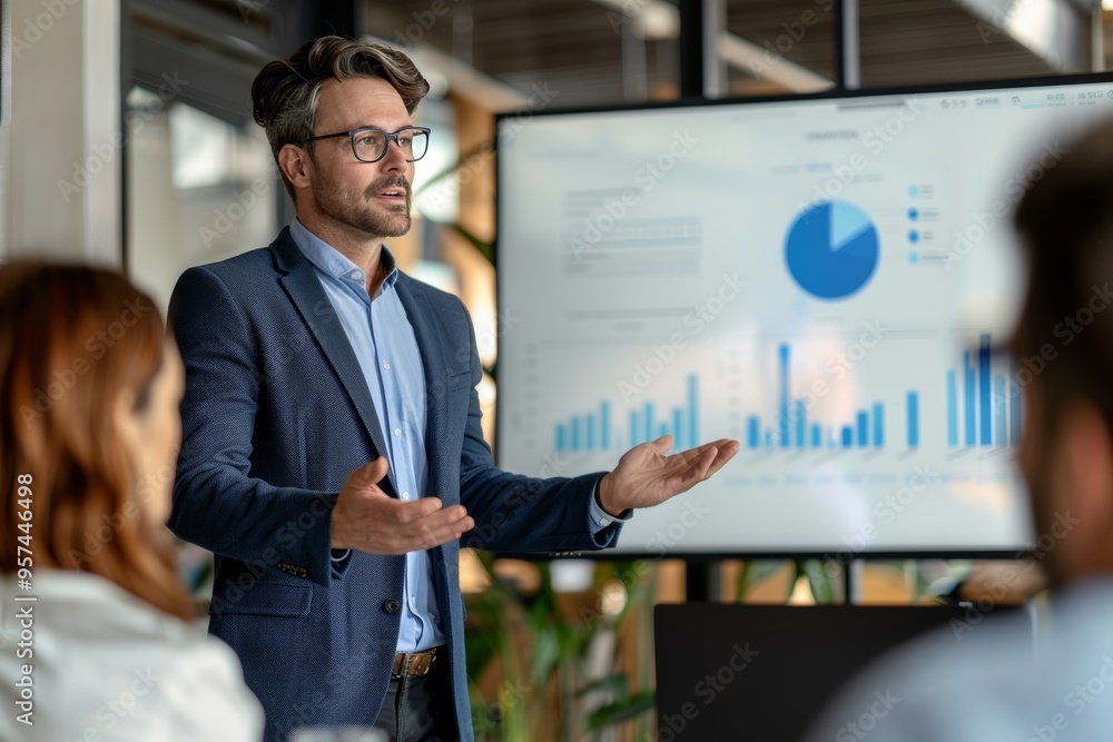 Confident corporate leader giving a presentation to colleagues. Stock ...