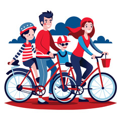 Wall Mural - A cheerful family of four enjoys a leisurely bike ride on a sunny day. The father, mother, and two children are all smiling and having fun as they pedal along