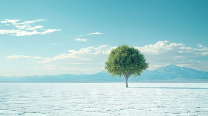 Poster -   A solitary tree towers amidst a sea of snow-covered terrain, with distant mountains visible in the background