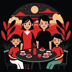 Wall Mural - A happy family of four eating under a star-filled sky, seated around a table with drinks and snacks, all smiling