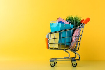 Shopping cart filled with colorful bags on a bright yellow background in a retail setting