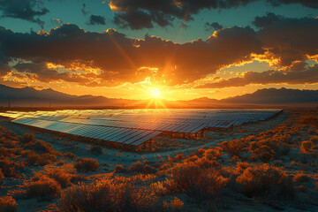 Sticker - A solar farm spread across a desert landscape, soaking up the intense sunlight. Concept of renewable energy and harnessing natural resources.