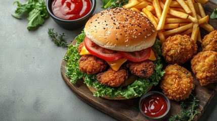 Close-up of a Delicious Crispy Chicken Burger with French Fries, Mozzarella Sticks, and Ketchup