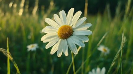 Poster -   A close-up of a daisy in a tall grass field, illuminated by the sun behind it