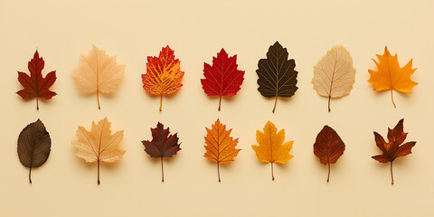 autumn leaves, like maple and oak, in various shades of orange, red, and yellow against an isolated soft beige background