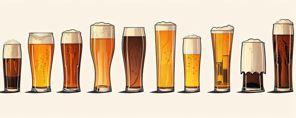 Beer glasses in various shape on white background. Wide banner