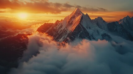 Poster -  Top of mountain viewed through clouds with setting sun in the backdrop