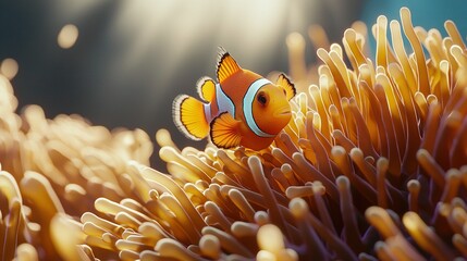 a close-up of a clownfish on a sea anemone in the sea anemone