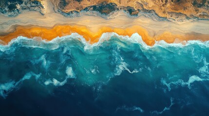 Top-down view of ocean waves crashing against the golden sandy shore, capturing the natural beauty and contrast of the beach and sea. Landscapes