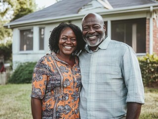 Wall Mural - joyful couple standing proudly in front of their new home real estate success